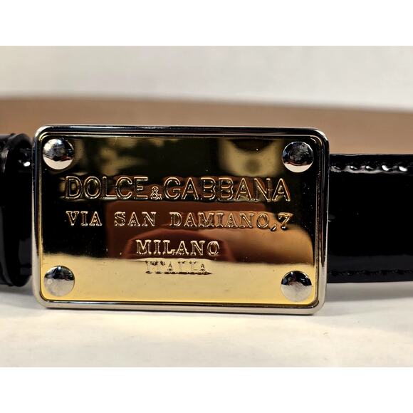 Dolce & Gabbana Black Patent Leather Belt Gold Logo Plaque Milano Italia Size 34 main image 5